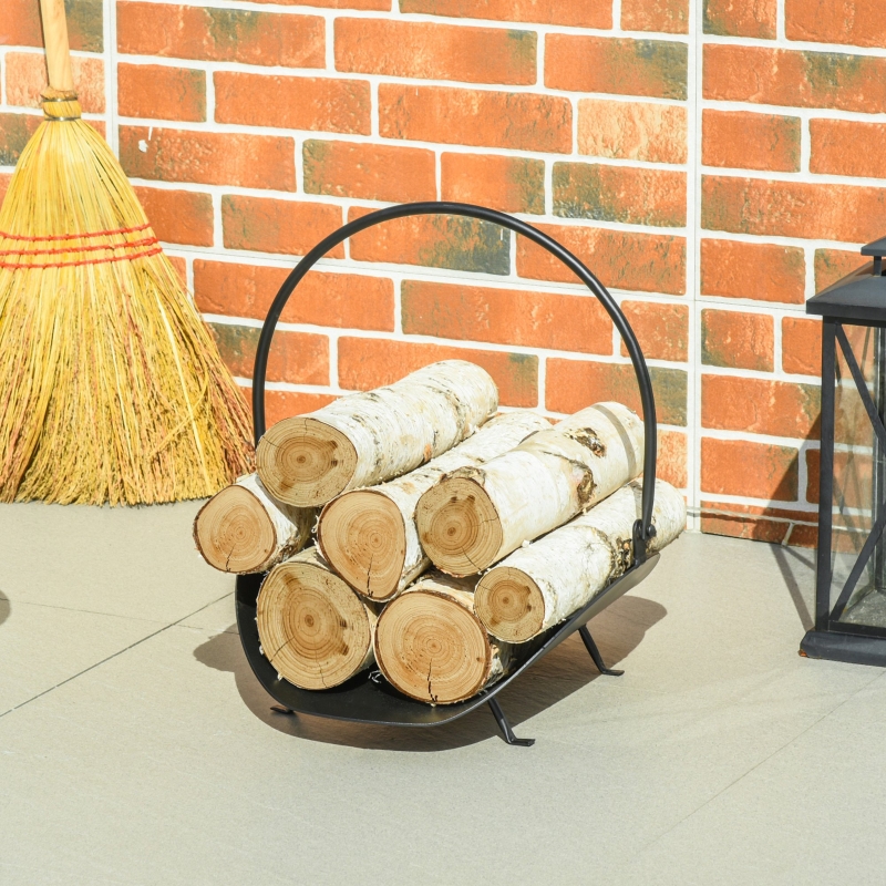 Outsunny 16" Firewood Log Rack Curved Fireplace Log Holder Wood Storage Basket Carrier with Handle, for Outdoor and Indoor Use, Black