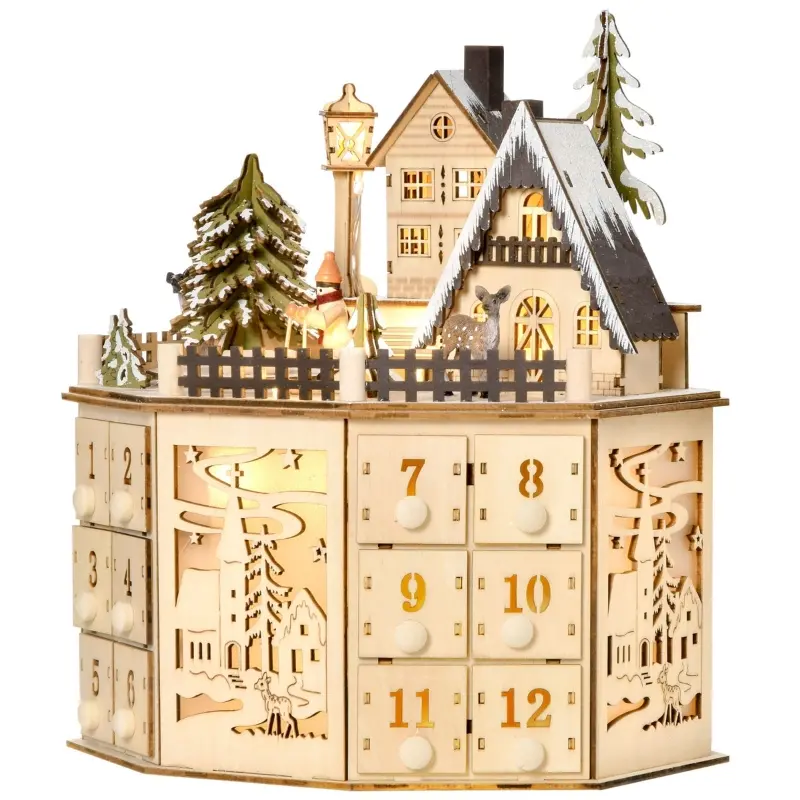 HOMCOM Christmas Advent Calendar, Light Up Table Xmas Wooden Holiday Decoration with Countdown Drawers and Village, for Kids and Adults, Natural