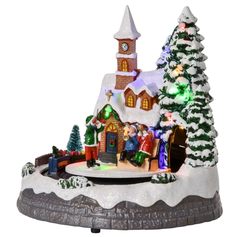 HOMCOM Animated Christmas Village, Pre-lit Musical Collectable Decor with Moving Train for Indoor Holiday Displays, Built-in LED Lights for Tabletop