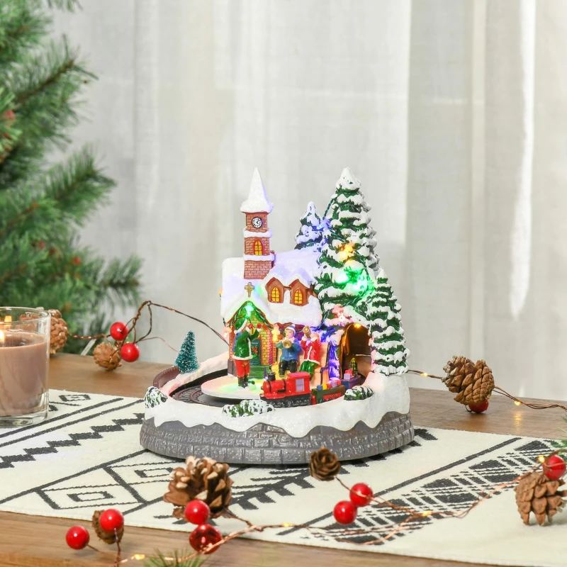 HOMCOM Animated Christmas Village, Pre-lit Musical Collectable Decor with Moving Train for Indoor Holiday Displays, Built-in LED Lights for Tabletop