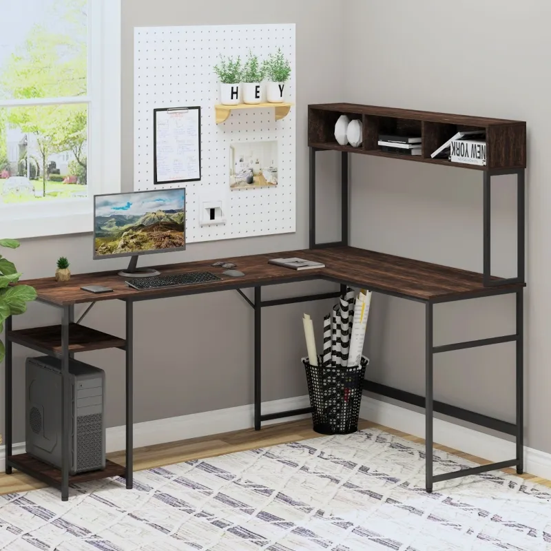 HOMCOM L-Shaped Home Office Desk with Bottom Tower Shelf, 3 Cube Shelves, Computer Writing Desk with Metal Frame, Walnut Brown