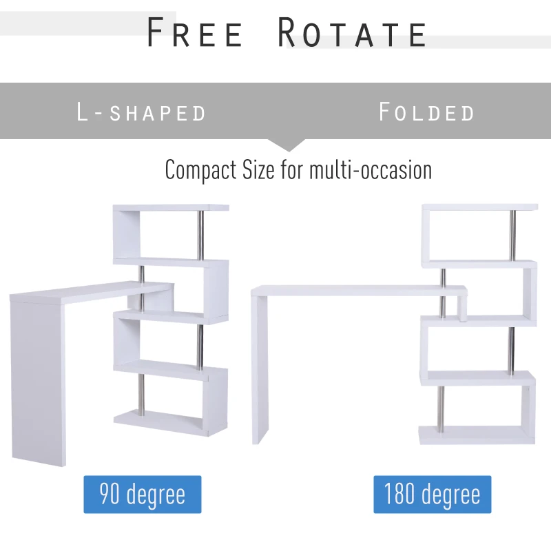 HOMCOM Modern Corner Rotating Combo L-Shaped Computer Desk with Shelves White