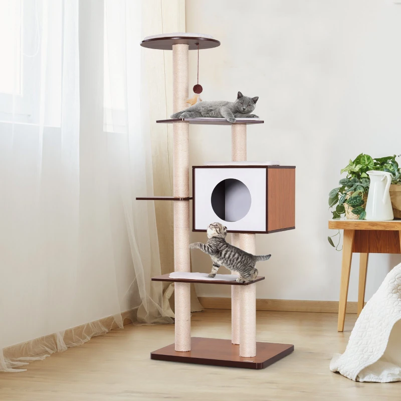 PawHut 60" Tall Cat Condo Tower Scratching Post Activity Tree House Furniture