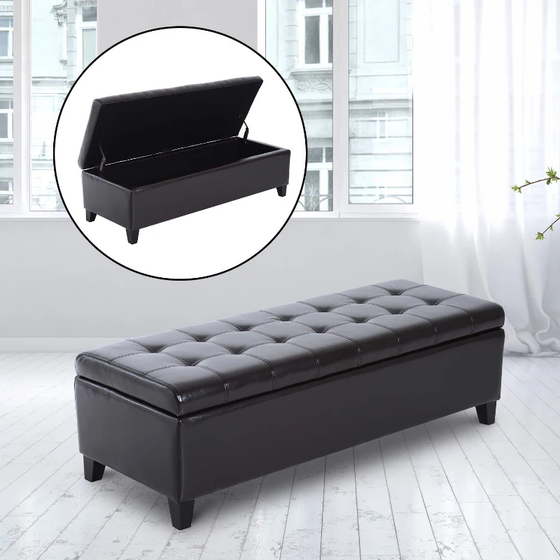 Open Box HomCom Large 51” Tufted Faux Leather Ottoman Storage Bench - Dark Brown