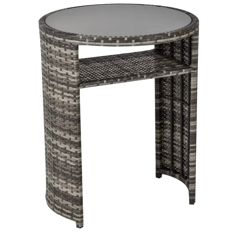 Outsunny 3 PCS Outdoor Rattan Wicker Bistro Set with Storage Shelf, Glass Top Table, Soft Cushioned Chairs and Space Saving Design, Patio Conversation Set for Garden Backyard Porch, Grey