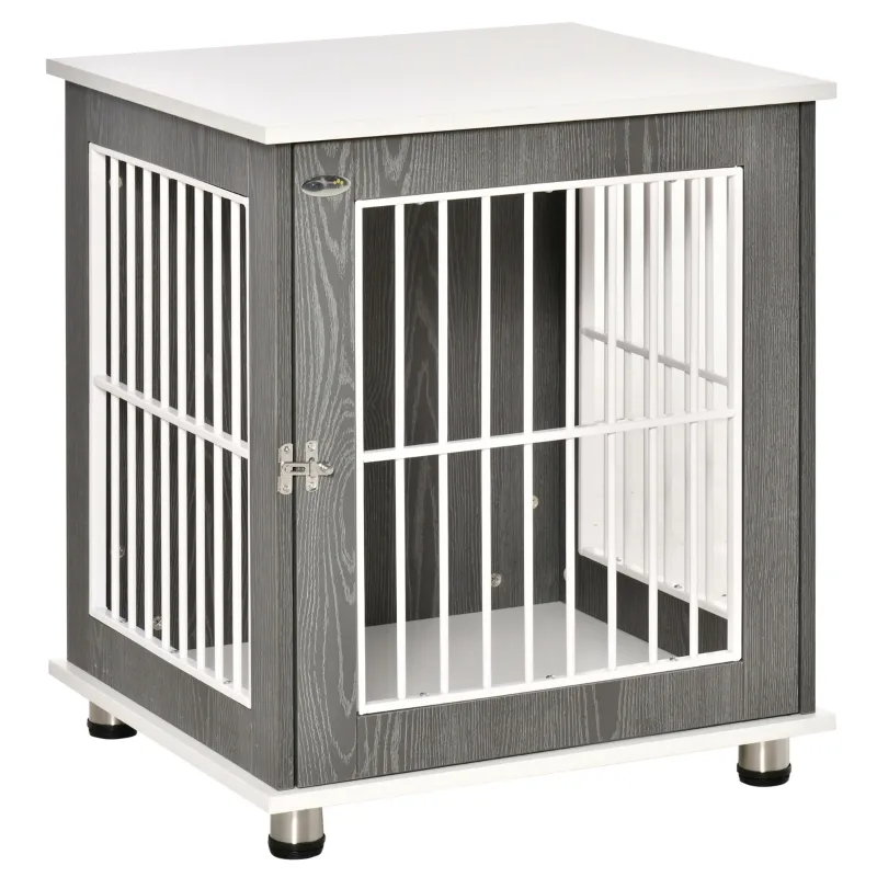 PawHut Dog Crate, Pet Cage Kennel, End Table Furniture Style, Indoor Decorative Dog House, with Wooden Top, Adjustable Feet, for Small Dogs, Grey