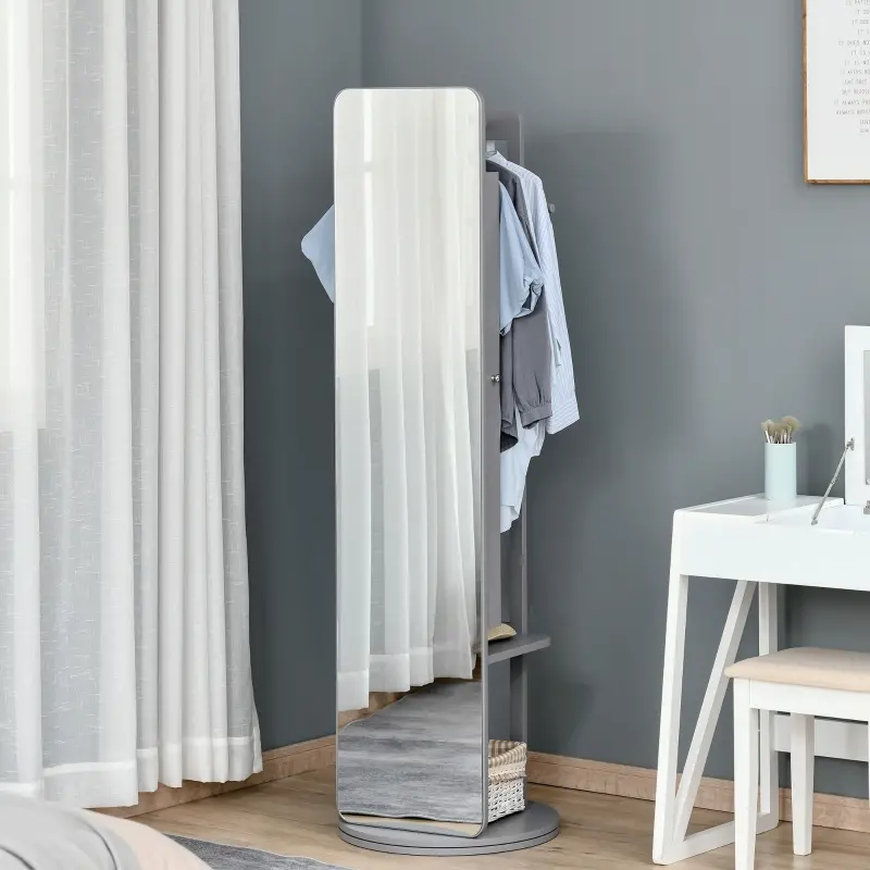 HOMCOM Full Length Glass Mirror with Hidden Jewelry Cabinet and Pine Wood Clothing Rack, Dark Grey
