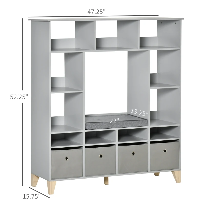 HOMCOM Kids Cube Storage Shelves with Bins and Large Storage for Kids Bedroom, Multiple Storage Units for Big Capacity Kids Shelf with Seat Featuring Thick Cushioning, Grey