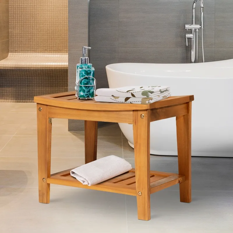 HOMCOM Indoor Outdoor Acacia Wood Shower Bench Bathroom Spa Chair Seat Organizer Storage Shelf