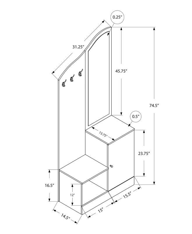 Monarch 75" Contemporary Wood Grain-Look 3-Hook Coat Rack Hall Tree Storage Bench - Cappuccino Brown Finish