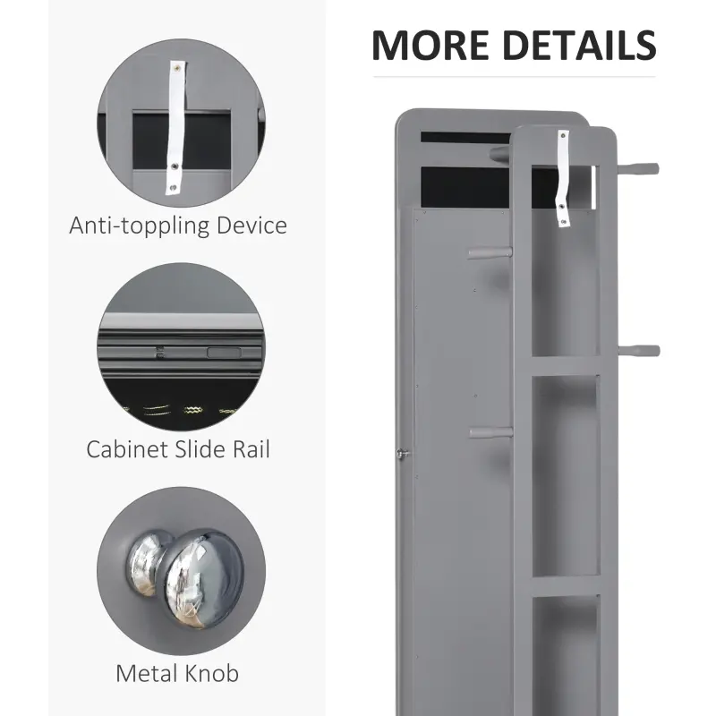 HOMCOM Full Length Glass Mirror with Hidden Jewelry Cabinet and Pine Wood Clothing Rack, Dark Grey