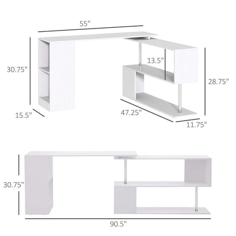 HOMCOM 55" 360° Rotating Corner Computer Desk Modern L-Shaped Home Office Workstation with 3-Tier Storage Shelves, Bookshelf, White