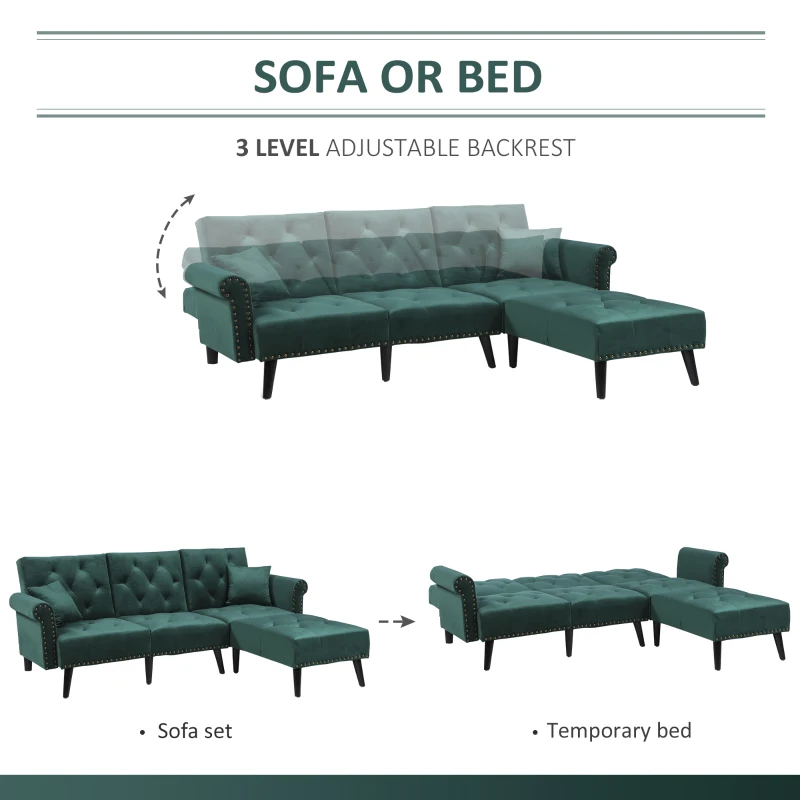 HOMCOM Modern Fabric Sectional Sofa Bed Set, Double Sofa and Chaise Lounge with Adjustable Backrest and 2 Removable Cushions, for Living Room Waiting Room, Dark Green