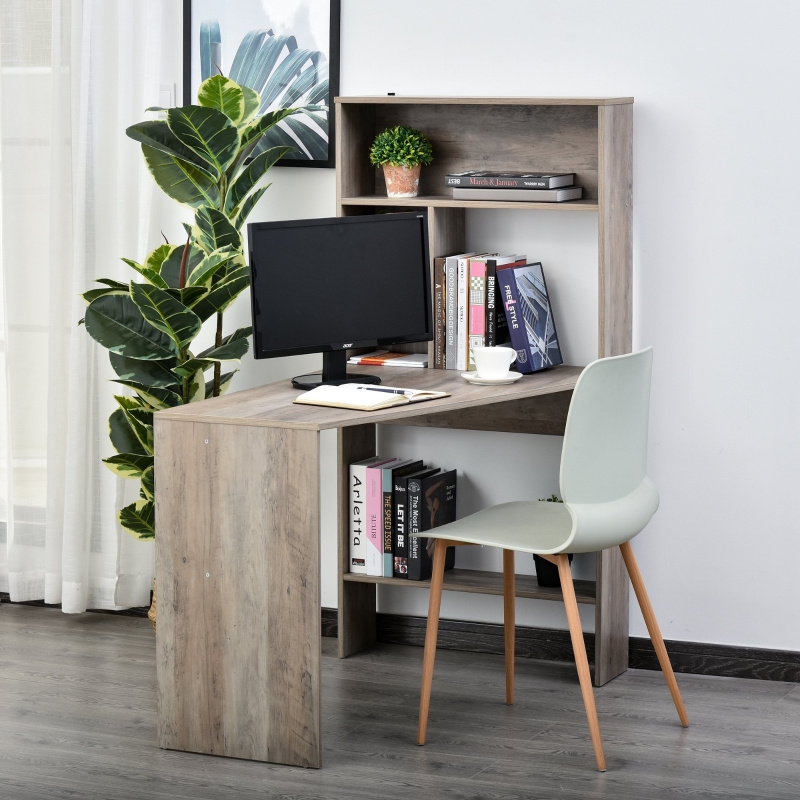 HOMCOM Nordic Style Wooden Computer Desk Workstation PC Laptop Writing Table with Hutches Storage Shelf Grey Wood Color