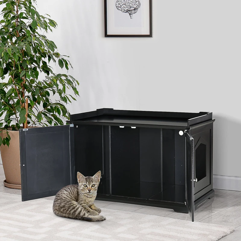 PawHut 37.5" Wooden Covered Mess Free Cat Litter Box End Table Hideaway Cabinet with Storage for Accessories, Black