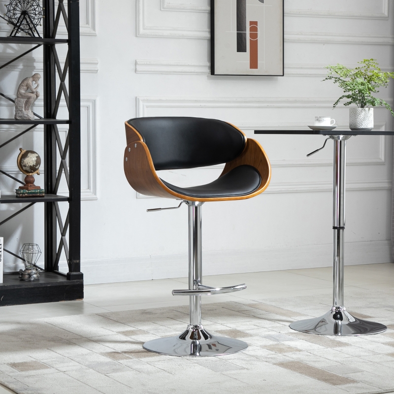 HOMCOM Modern Style Adjustable Bar Chair, PU Leather Swivel Bar Stool with Back, Footrest for Kitchen, Home Bar, Counter, Coffee Shop, Black and Walnut