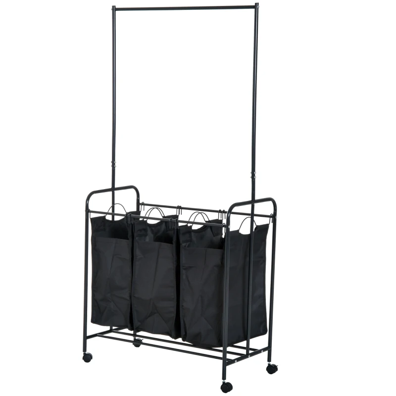 HomCom 3 Bag Heavy Duty Divided Laundry Hamper Sorter Cart With Wheels And Hanging Bar - Black