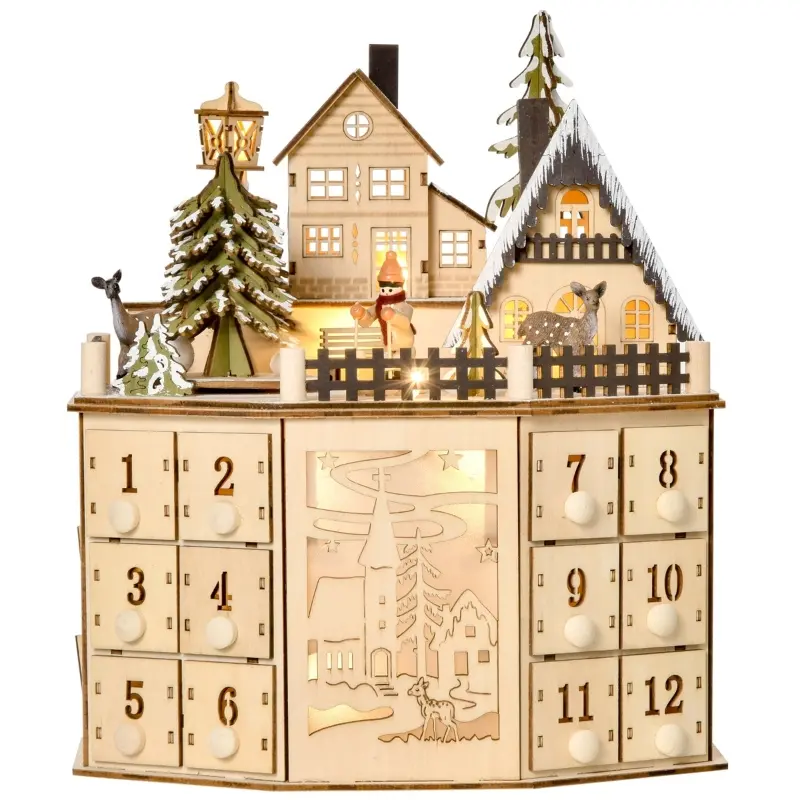 HOMCOM Christmas Advent Calendar, Light Up Table Xmas Wooden Holiday Decoration with Countdown Drawers and Village, for Kids and Adults, Natural