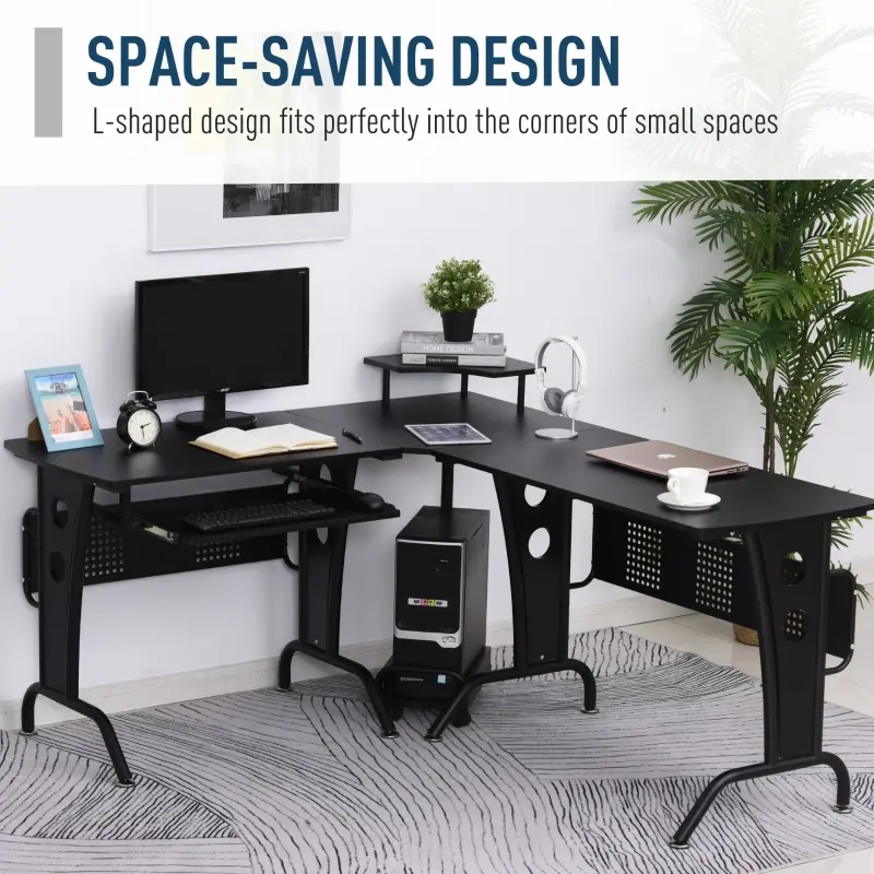 HOMCOM L-Shaped Corner Computer Office Desk Workstation with Elevated Shelf, Rolling Keyboard Tray, & Convenient CPU Stand, Black