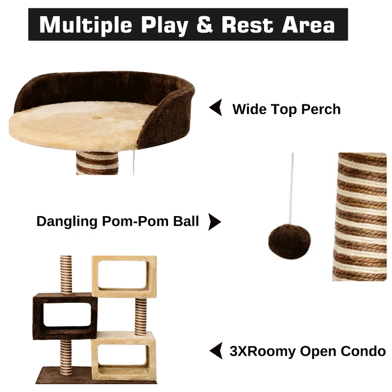 PawHut 51-inch Multi-Level Cat Tree Kitten Scratcher Post with 3 Condos Cat Play House Activity Centre w/Toy