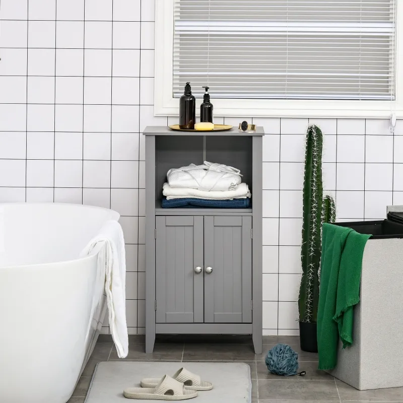 kleankin Bathroom Floor Cabinet, Freestanding Bathroom Storage Cabinet with 2 Open Shelves, Double Doors and 2 Adjustable Shelves, Small Cabinet for Bathroom, Washroom, Gray