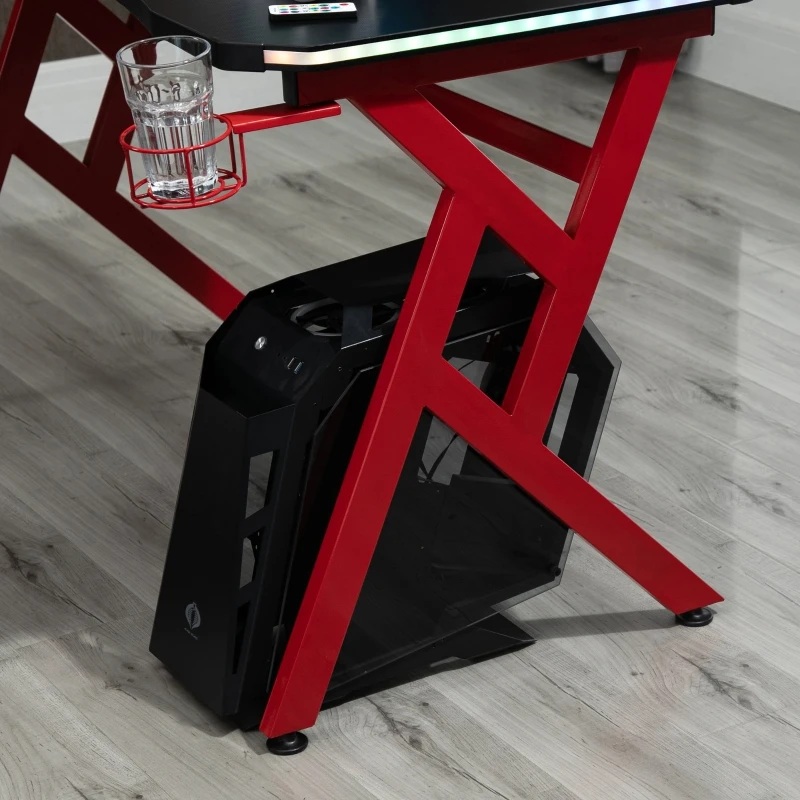 HOMCOM 47 Inch Gaming Desk with LED Lights and Remote Control, Racing Style Computer Table, Home Office Workstation with Cup Holder Headphone Hook, Black and Red