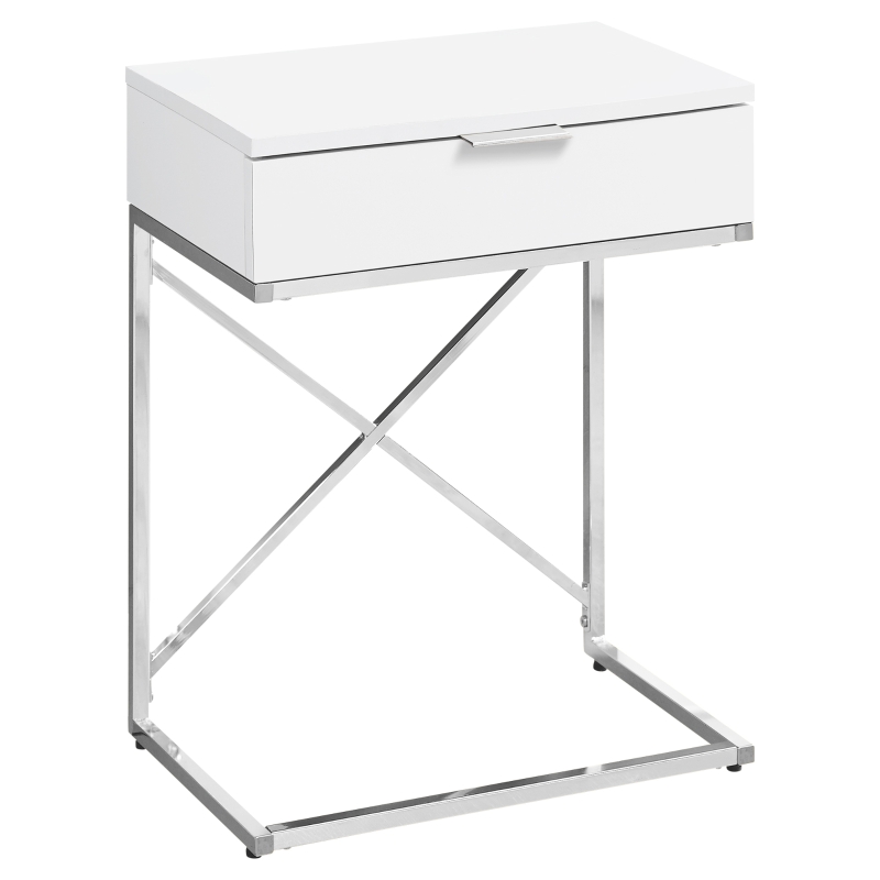 Monarch 24" Contemporary End Table Night Stand with Large Storage Drawer and Metal X-Design Frame - Glossy White / Chrome Base
