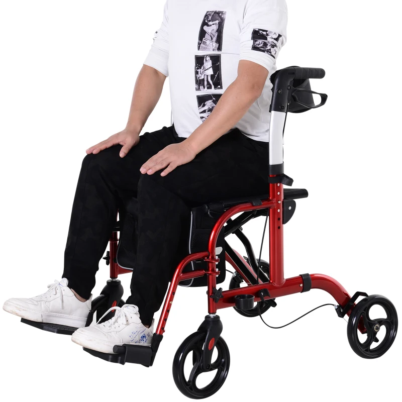 HOMCOM 2 in 1 Aluminum Rollator Walker Convertible Rollator Wheelchair with Adjustable Arms, Storage Bag, Footrests & Crutch Holder, Tool Free Assembly, Black & Red