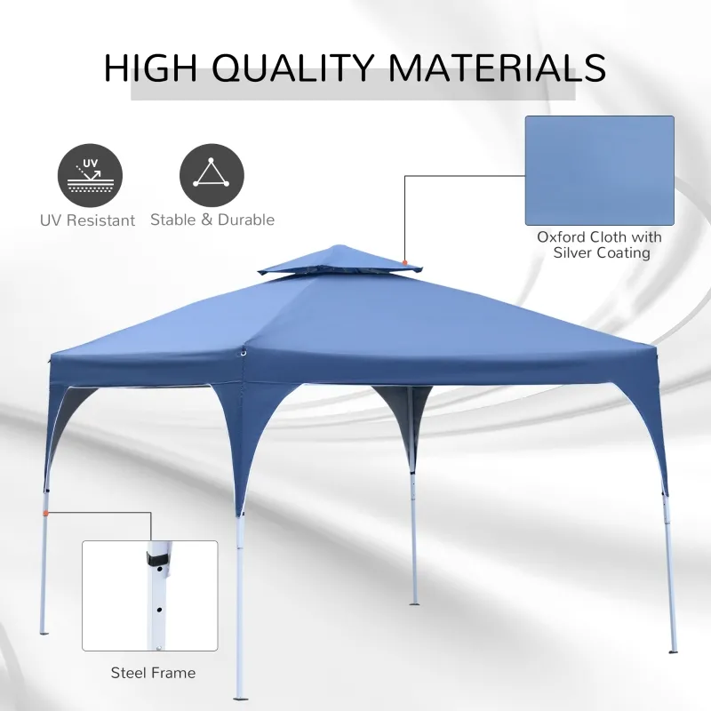 Outsunny 10'x10' Easy Pop-Up Party Tent 2 Tire Top Outdoor Activity Gazebo Canopy Sun Shade Fair Event Instant Shelter Vented Roof w/ Carrying Bag Blue