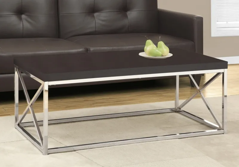 Monarch 44" Contemporary Chrome Frame Accent Cocktail Coffee Table - Cappuccino Brown Wood Grain-Look Finish