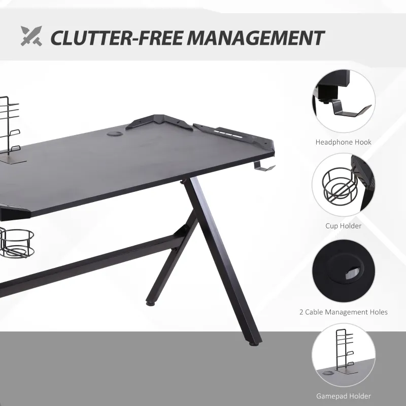 HOMCOM 47.25" Gaming Desk Racing Style Computer Table with LED Light Cup Gamepad Holder Headphone Hook Cable Management E-sport Study Workstation, Black