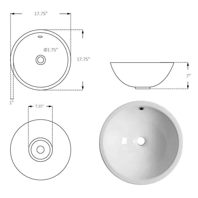kleankin 18" x 18" Bathroom Vessel Sink, Porcelain Round bowl Art Design Basin Above Counter Ceramic Bathroom Vanity Sink, White