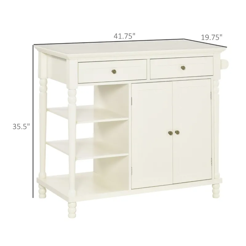 HOMCOM Vintage Kitchen Island with 3-Tier Open Shelving, Storage Cabinet with Drawers & Wood Legs, Adjustable Shelf for Living Room, Coffee Bar, White