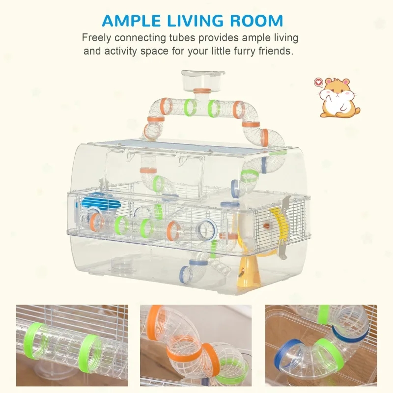 PawHut Transparent Gerbil Kennel for Travel, Comes with Exercise Wheel to Promote Play