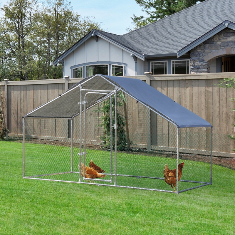 PawHut Galvanized Large Metal Chicken Coop Cage 1 Room Walk-in Enclosure Poultry Hen Run House Playpen Rabbit Hutch UV & Water Resistant Cover for Outdoor Backyard 118" x 78.75" x 76.75"