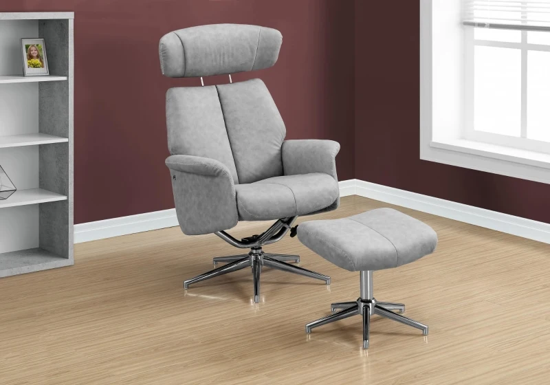 Monarch Retro Modern Upholstered Faux Suede Swivel Recliner with Matching Ottoman - Grey