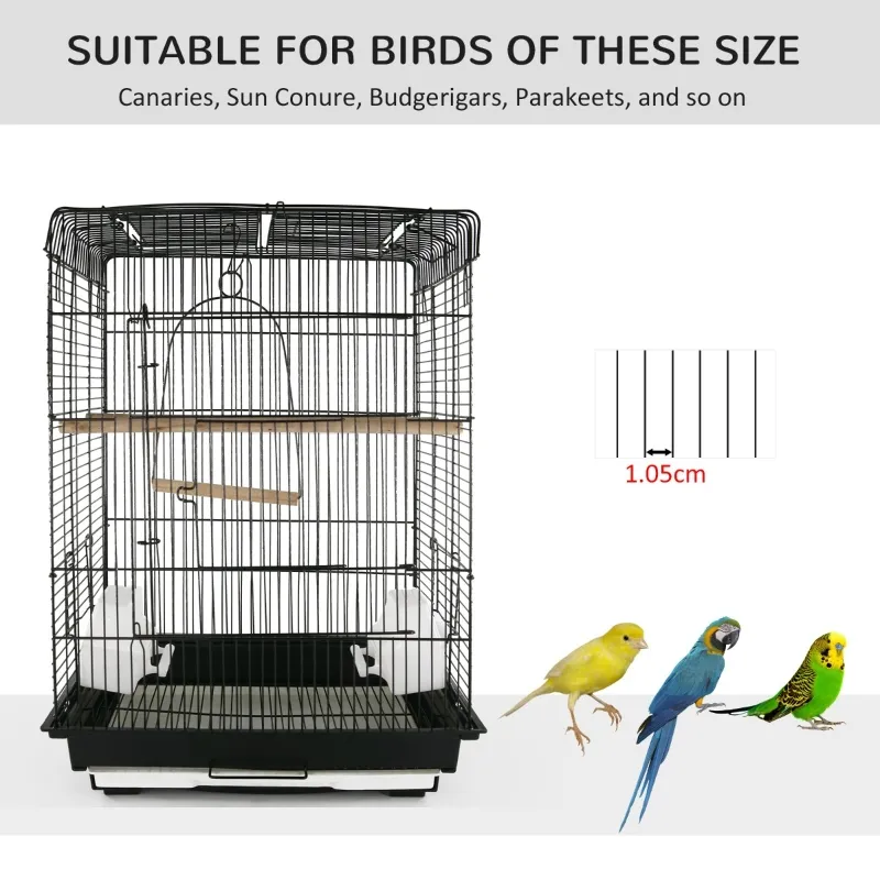 PawHut 28"H Steel Bird Cage with Open Play Top, Perch, Feeding Bowl for Parrot Lovebirds Parakeets Cockatiels - Black