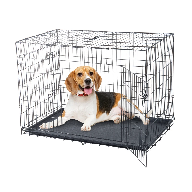 PawHut 42"x28"x30" Double Door Folding Metal Dog Crate Pet Cage Exercise Kennel Puppy House Playpen w/Plastic Tray