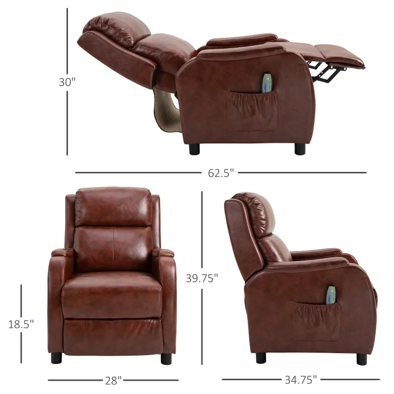 HOMCOM Massage Recliner Chair Padded Seat Cushion 165° Reclining Sofa with Side Pocket for Living Room, PU Leather, Remote Control, Light Brown