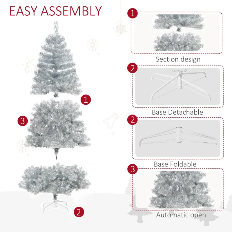 HOMCOM 6ft Unlit Full Pine Artificial Christmas Tree with Realistic Branches, Fake Holiday Tree with 1000 Tips, Silver
