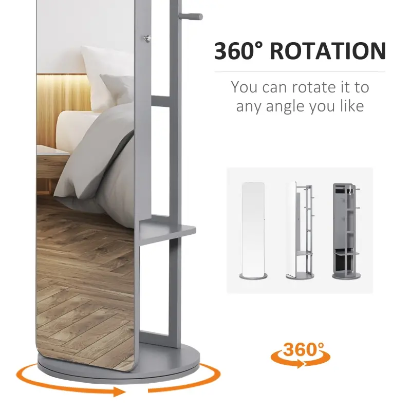 HOMCOM Full Length Glass Mirror with Hidden Jewelry Cabinet and Pine Wood Clothing Rack, Dark Grey