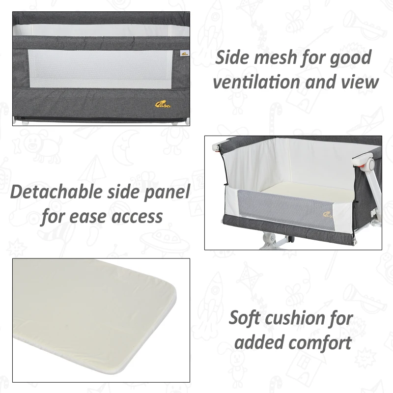 Qaba Baby Bassinet Bedside Sleeper Folding and Adjustable Baby Crib Diaper Changer Nursery Bed for 0-5 Months Infants with Wheels & 5 Height Levels, Dark Grey