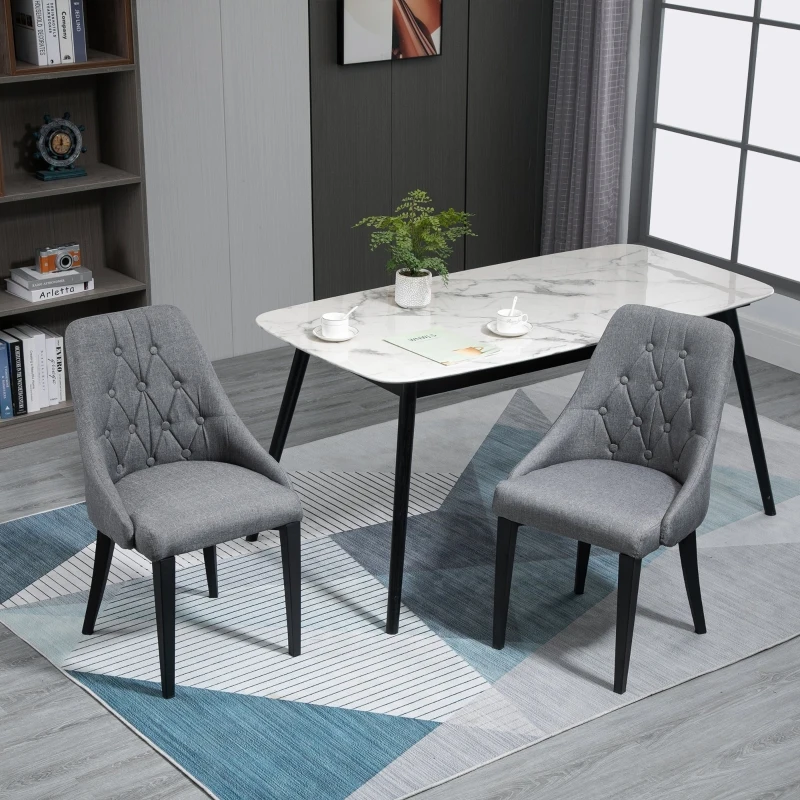 HOMCOM Set of 2 Modern Style Dining Chairs, Button Tufted High Back Side Chairs with Upholstered Seat, Steel Legs for Living Room, Kitchen, Study, Dark Grey