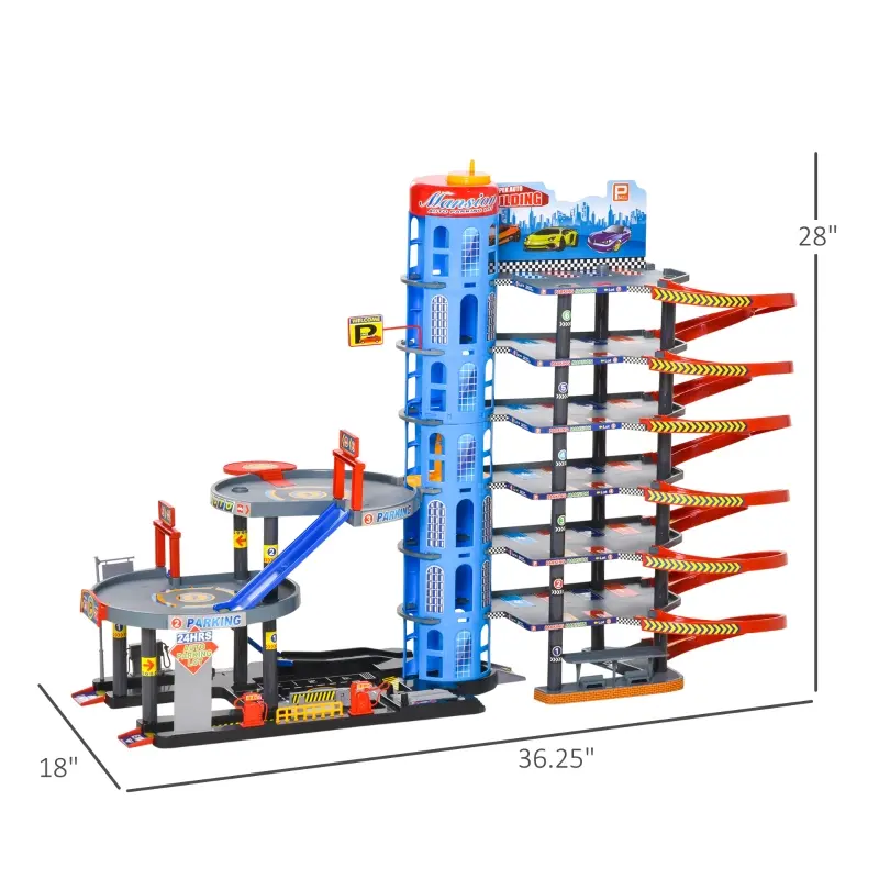 Qaba 7-Level Car Parking Garage Toy Race Tracks Car Ramp Set Toddler Car Games w/ Cars & Helicopter Elevator Gas Station Car Repair Station for 3-6 Years Old