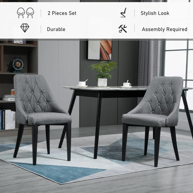 HOMCOM Set of 2 Modern Style Dining Chairs, Button Tufted High Back Side Chairs with Upholstered Seat, Steel Legs for Living Room, Kitchen, Study, Dark Grey
