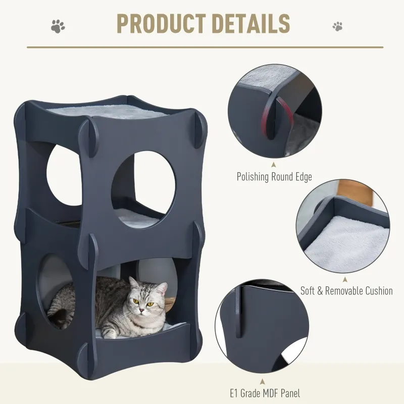 Pawhut Multi-level Wooden Cat House Kitten Bed Pet Furniture with Removable Soft Cushion for Rest and Play Easy to Assemble and Store Dark Grey