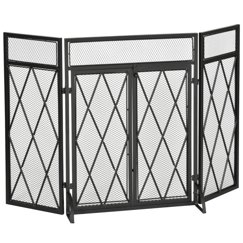 HOMCOM 3-Panel Folding Fireplace Screen for Wood Burning with Double Doors, Home Heavy Duty Steel Fire Spark Guard, 47.25" x 31", Black