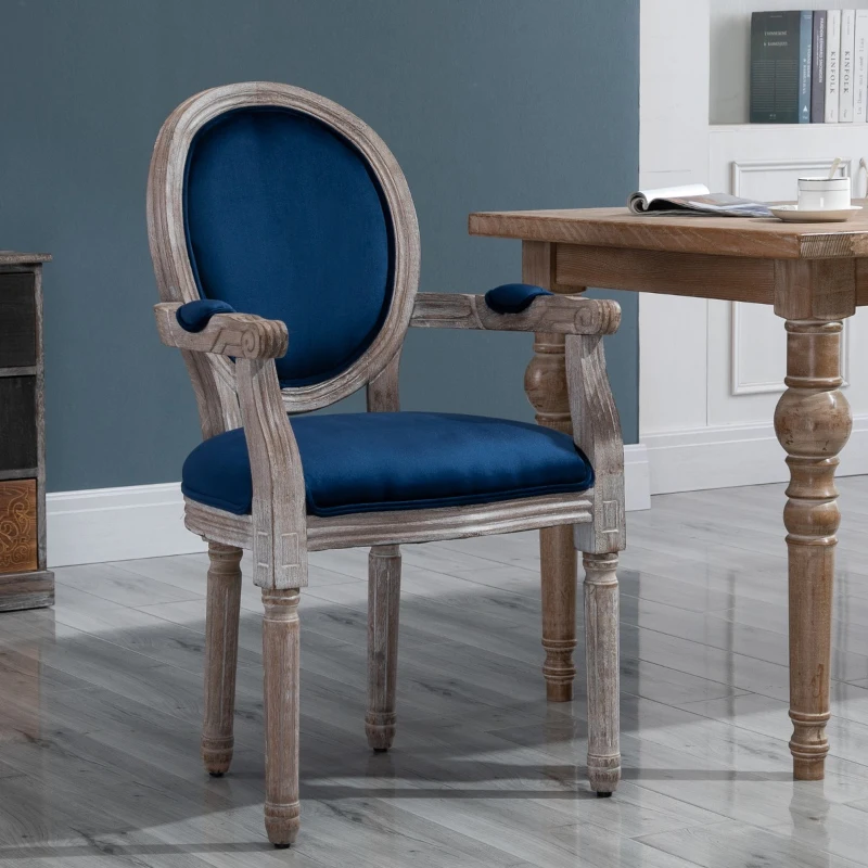 HOMCOM Vintage Dining Chair with Round Back, Thick Sponge Padded Seat and Section Armrest with Wood Frame, Blue