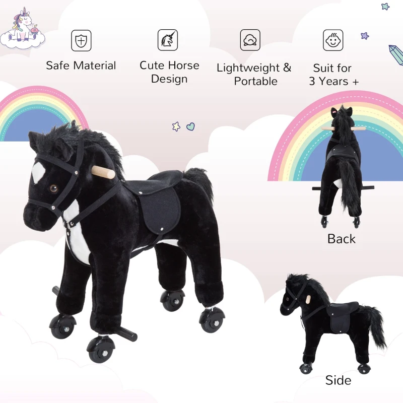 Qaba Kids Interactive Plush Mechanical Walking Ride On Horse Toy with Wheels - Black