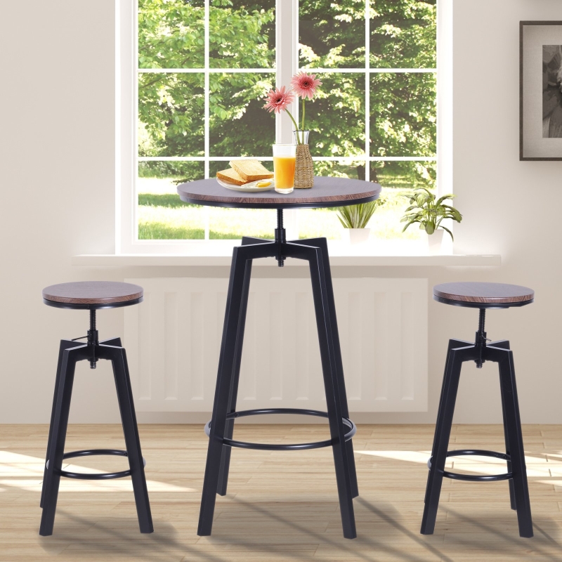 HOMCOM 3pcs Bar Table Set Round Dining Table 2 Steel Pub Chair Height Adjustable